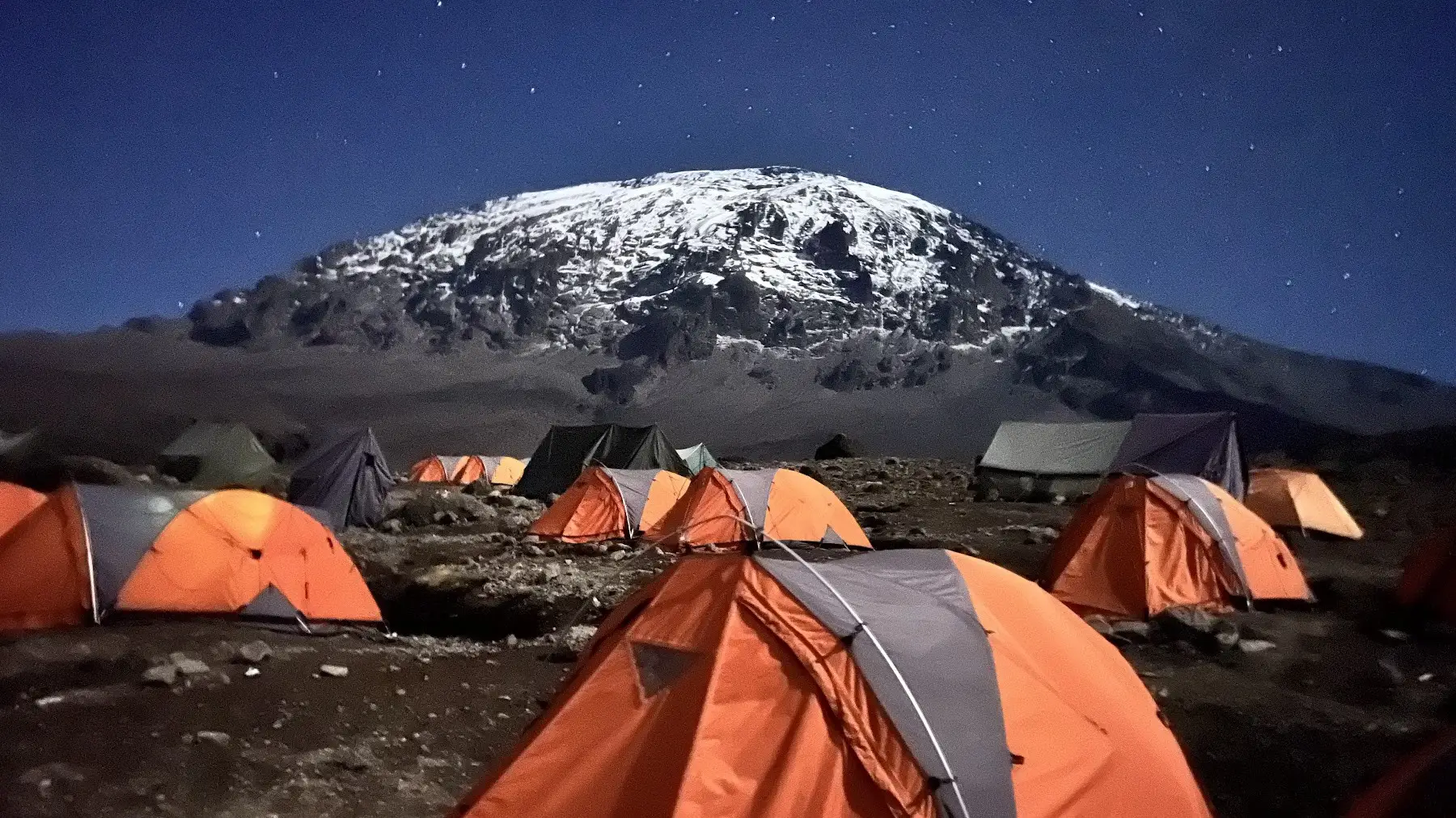 A TipwaTipwa high camp on Mt Kilimanjaro, orange tents pitched below the snow-capped summit at dusk