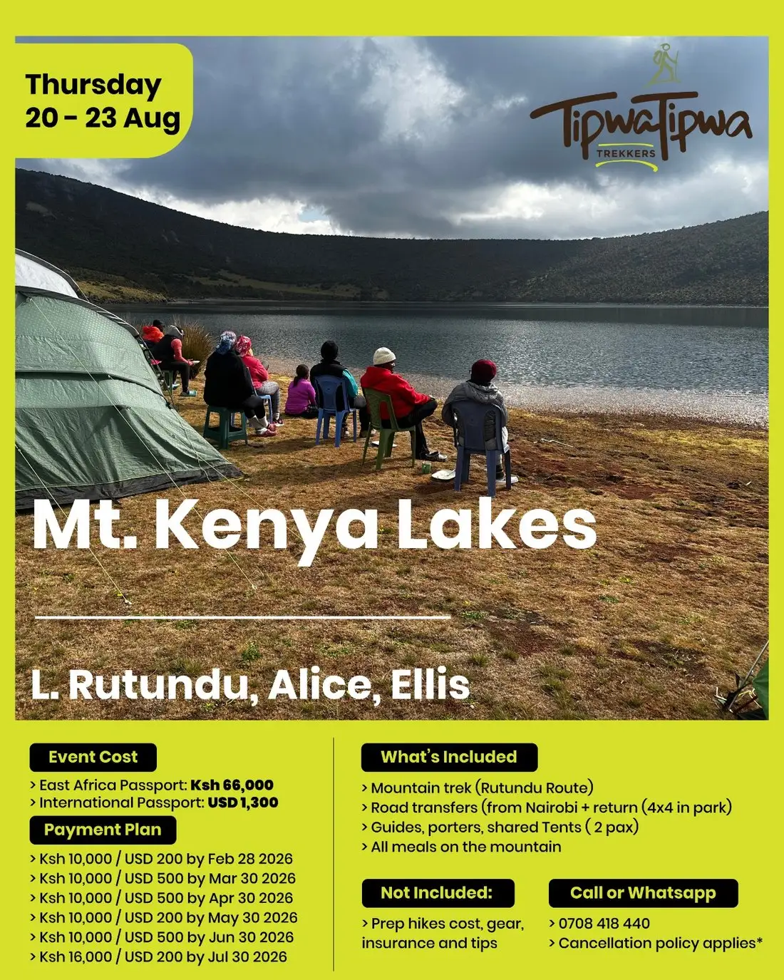 Event flyer: Mt Kenya Lakes, 20–23 Aug, Mt Kenya
